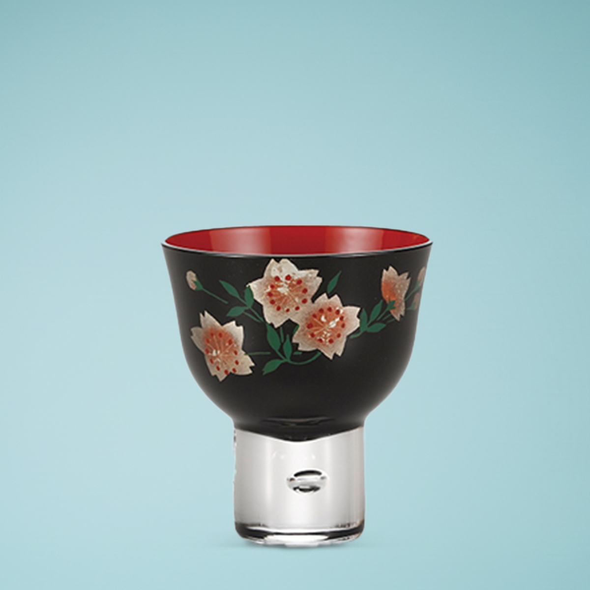 ぐい呑み手描きガラス蒔絵「山桜」黒