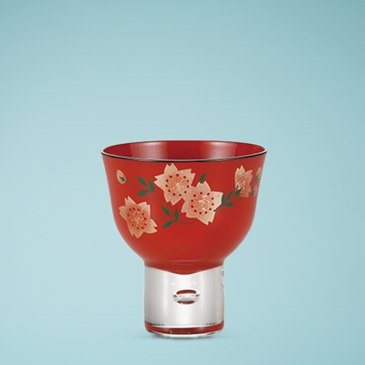 ぐい呑み手描きガラス蒔絵「山桜」赤